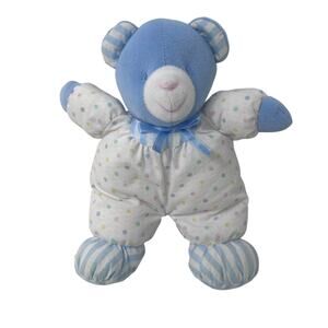 Vintage Eden Plush Teddy Bear Blue Velour Face Polka Dots Stripes Rattle‎ Lovey